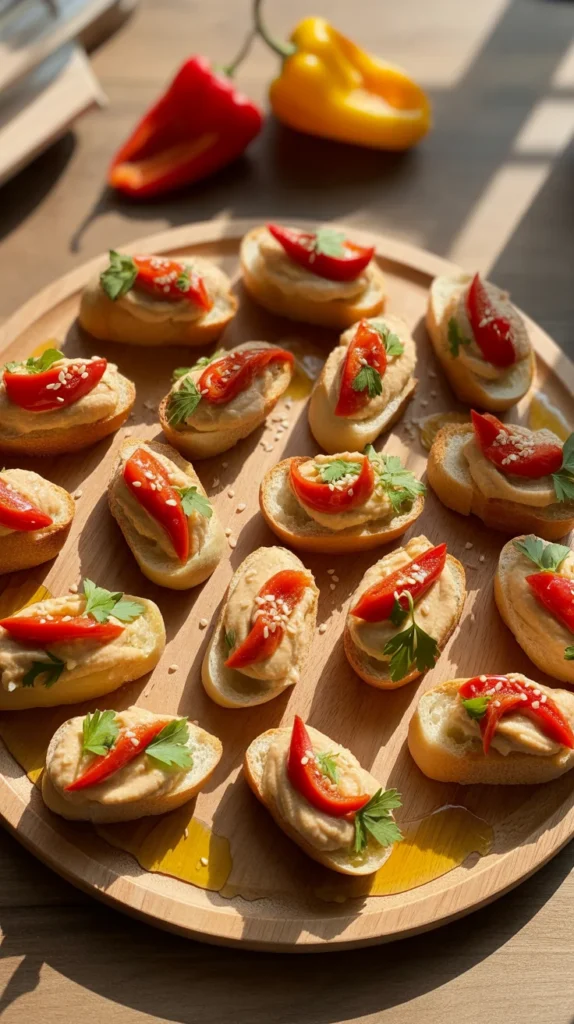 Roasted Red Pepper Hummus Crostini